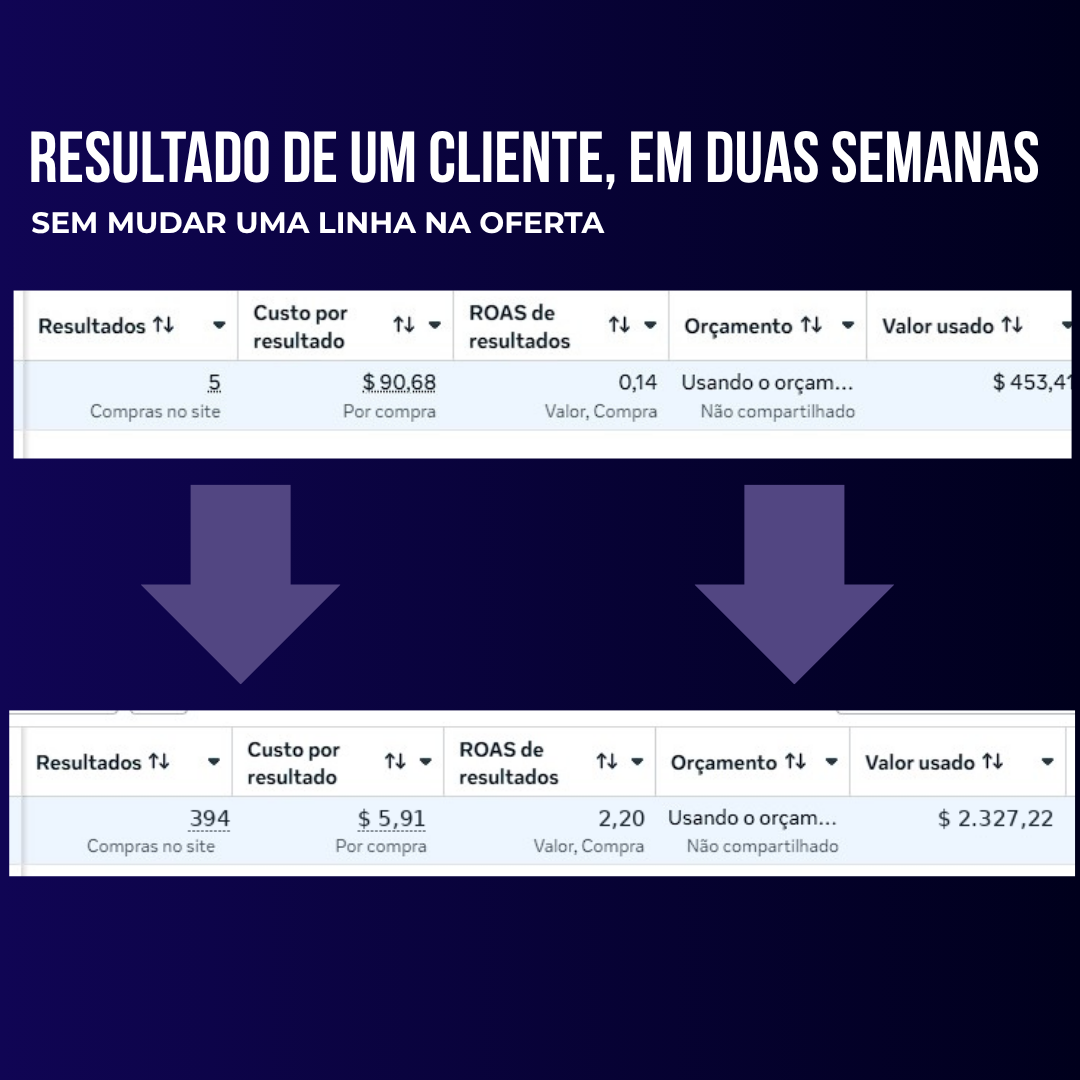 Resultado de um cliente em duas semanas, sem mudar uma linha na oferta